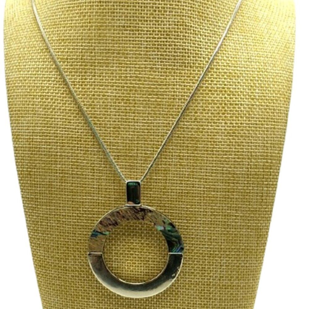 Silver-tone & Abalone Round Open Circle Pendant Adjustable Slider Necklace